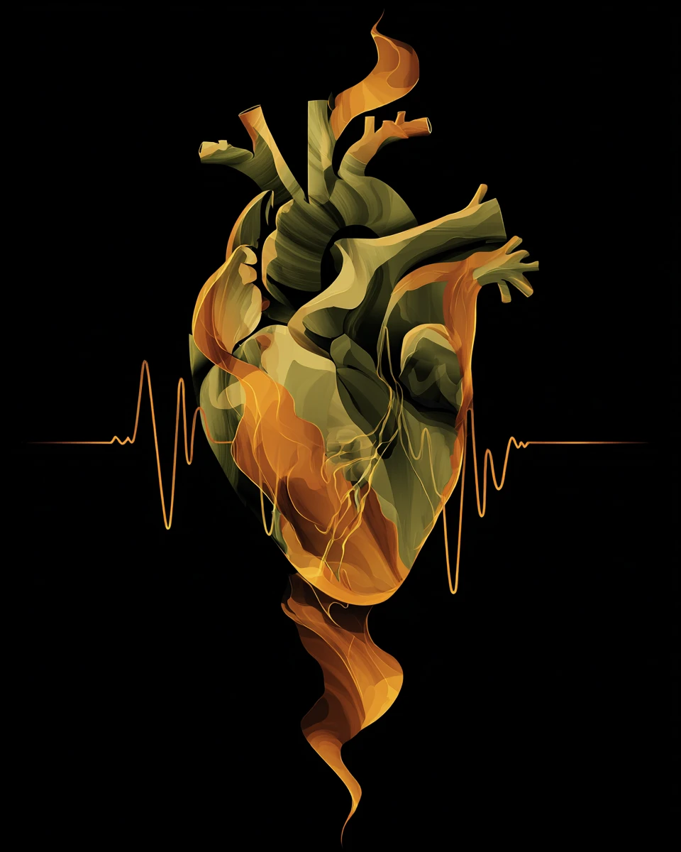 Glowing heart waveform in warm abstract vector design