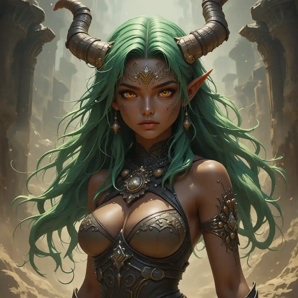 Diosa fantástica de la ira con cabello verde oscuro y ojos naranjas