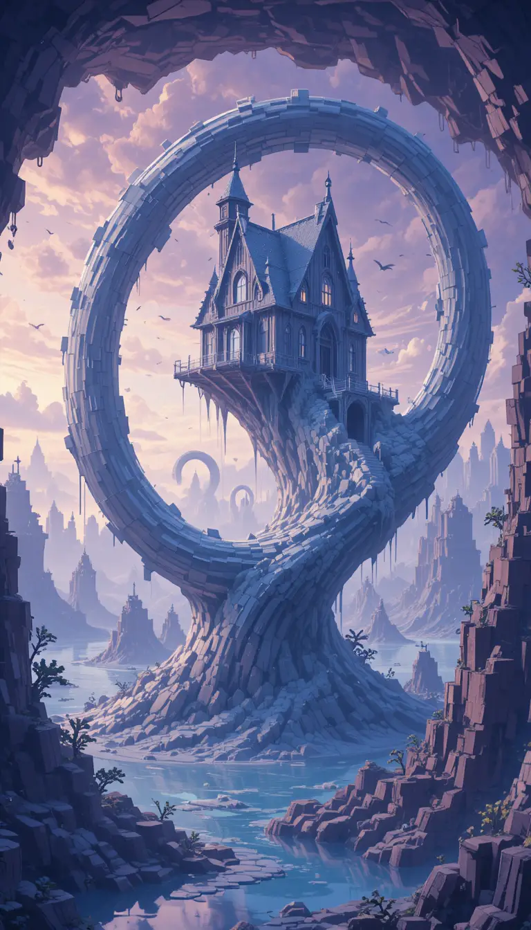Surreal twisted house in a looping dreamlike realm