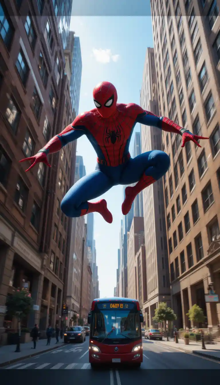 Superhero leaping between city skyscrapers above a speeding bus