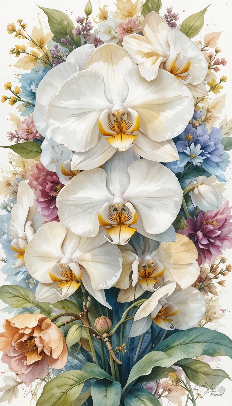 Volantino con illustrazione vettoriale di composizione floreale con orchidee bianche