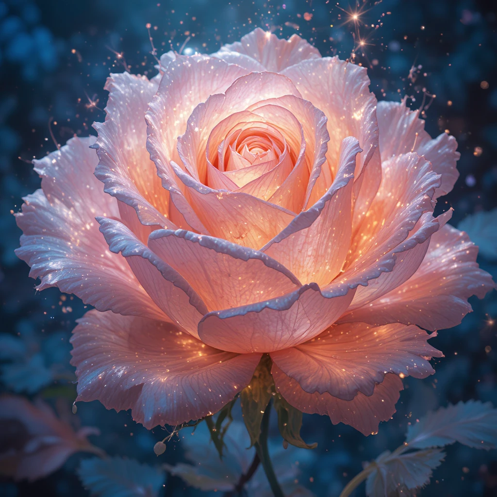 Magical glowing rose in dreamy watercolor style at night