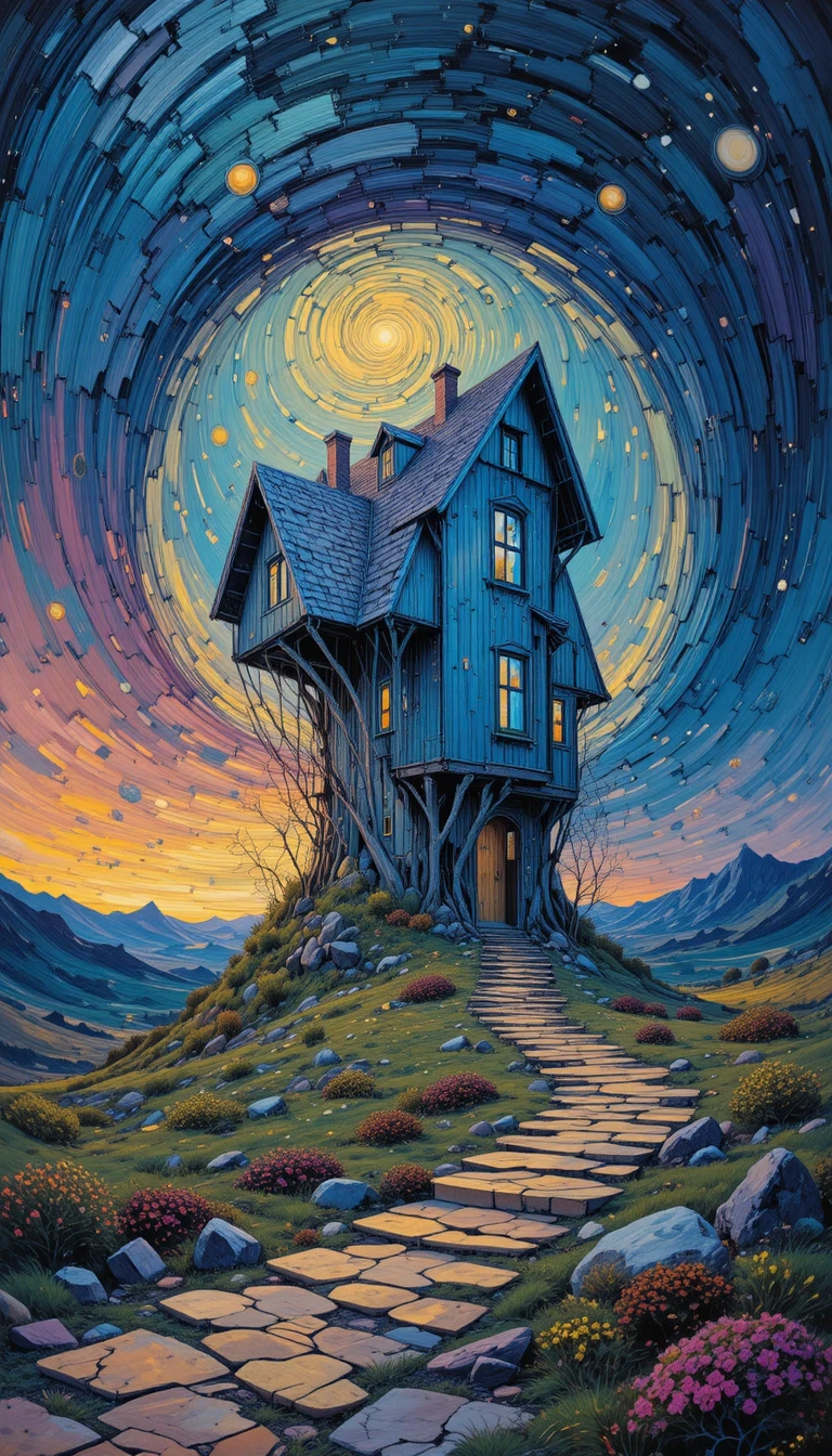 Surreal twisted house emerging from a looping dreamlike realm
