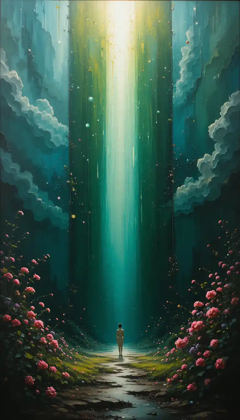 Gigantic luminous heart dominating an abstract painted landscape