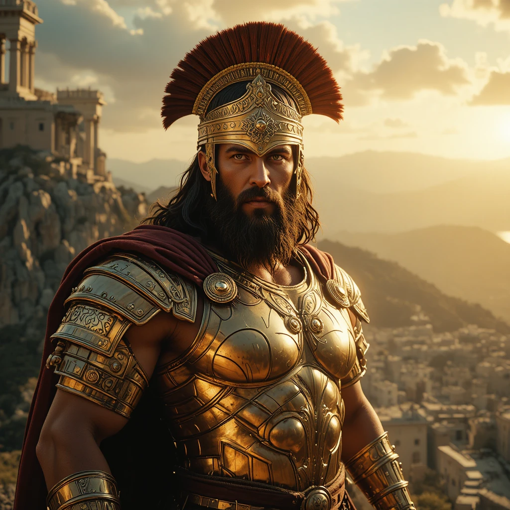Regal warrior in golden armor on sunlit Greek cliff