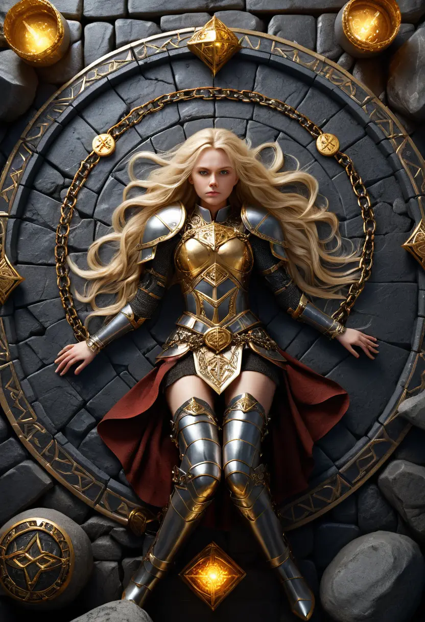 Blonde warrior woman bound on glowing rune stone circle