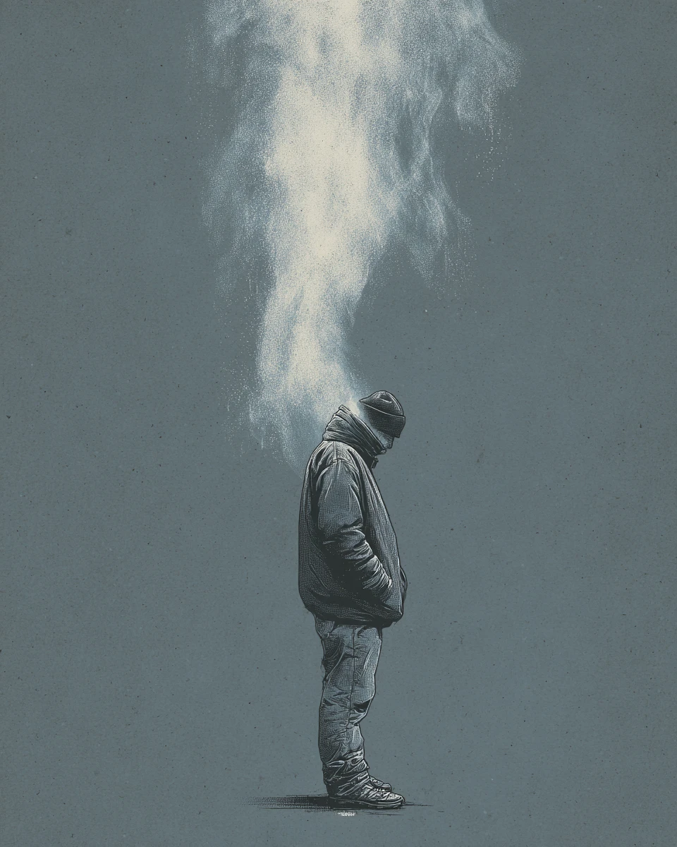 Lone figure breathing in cold winter air minimal illustration