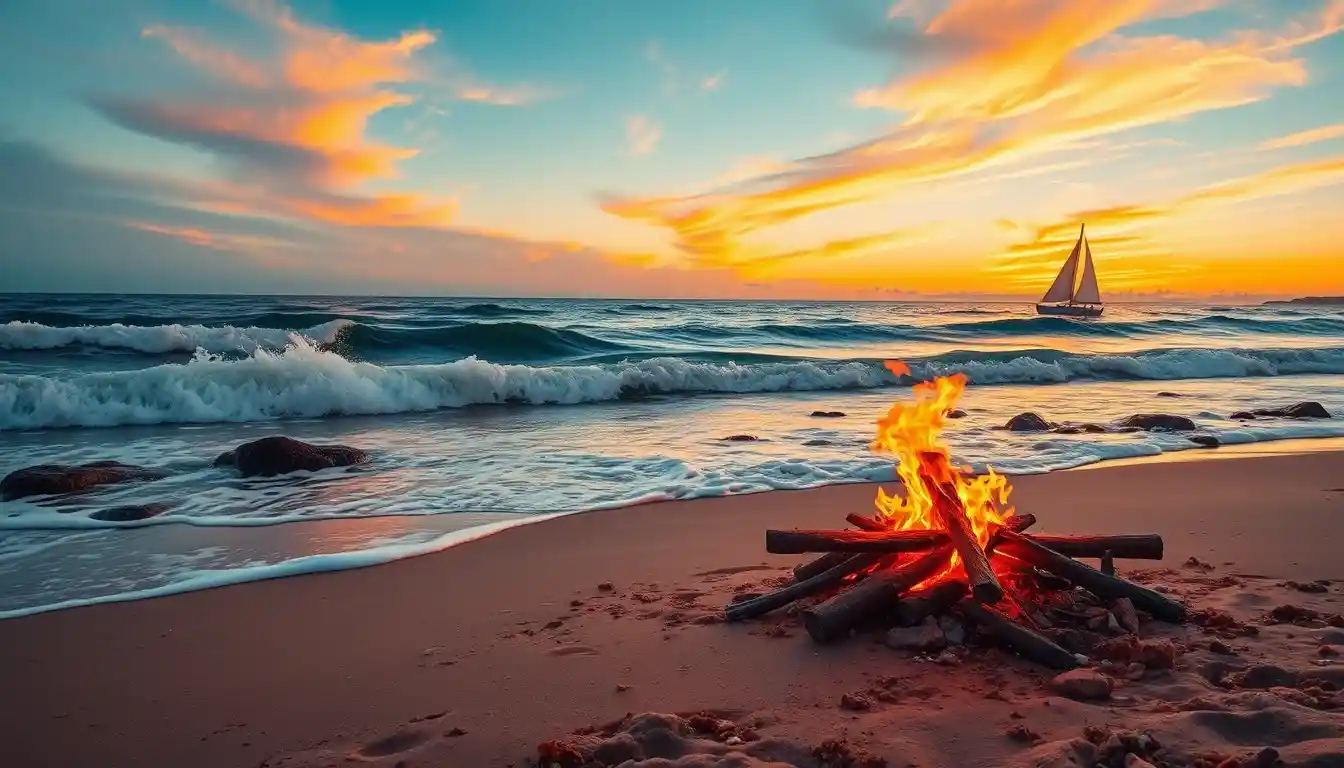 Olas en la playa al atardecer con rocas y un velero a lo lejos