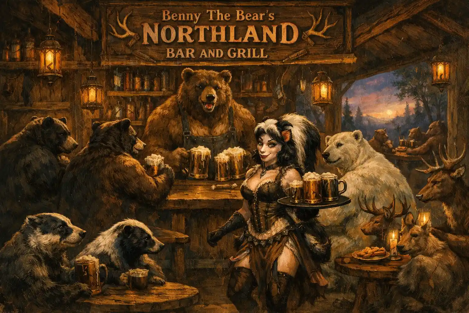 Fantasy bears drinking together in a rustic woodland bar