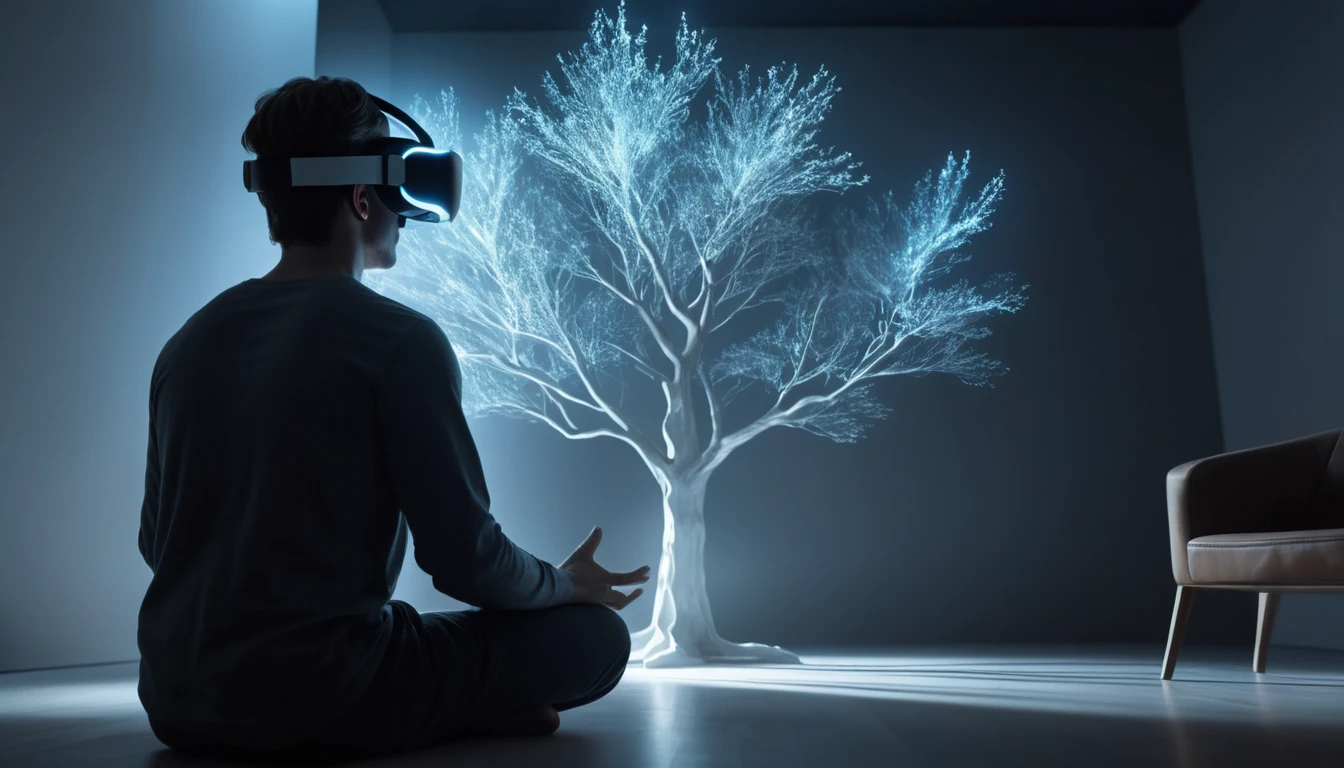 Person in vr headset reaching for glowing holographic tree