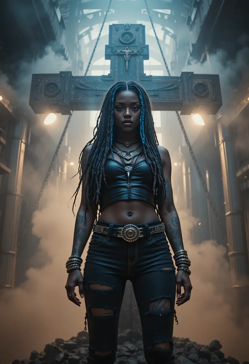 Tattooed Black woman with dreadlocks before industrial cross
