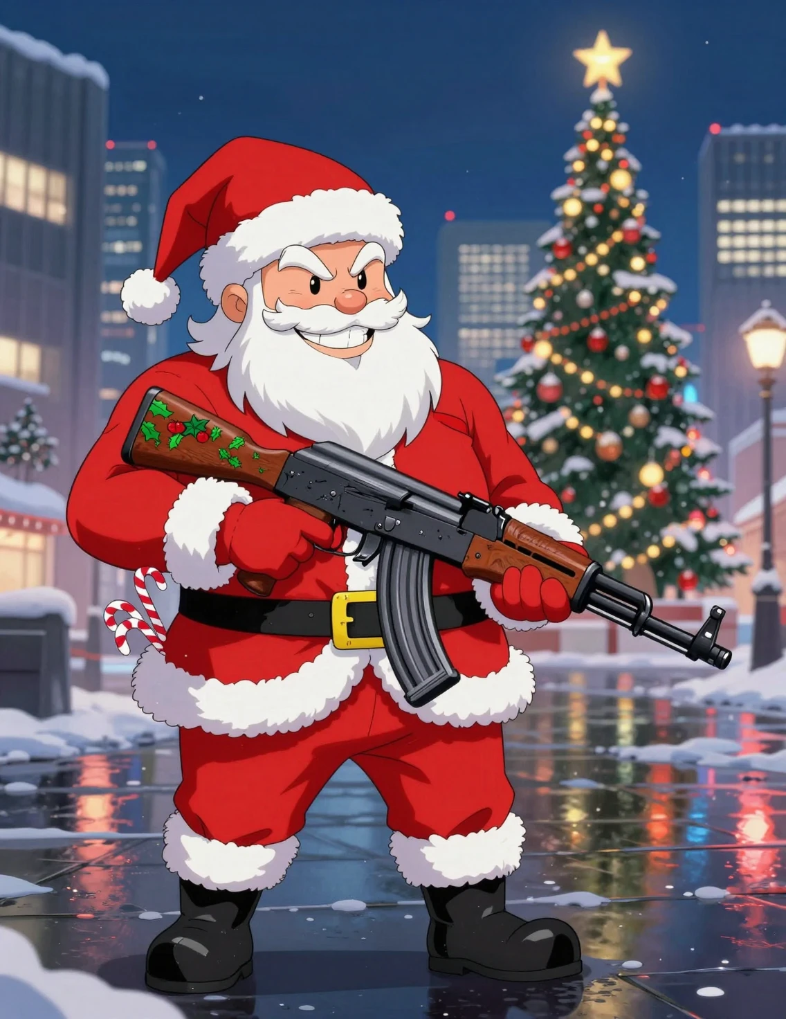 Babbo Natale in stile anime con fucile in una strada innevata di Tokyo
