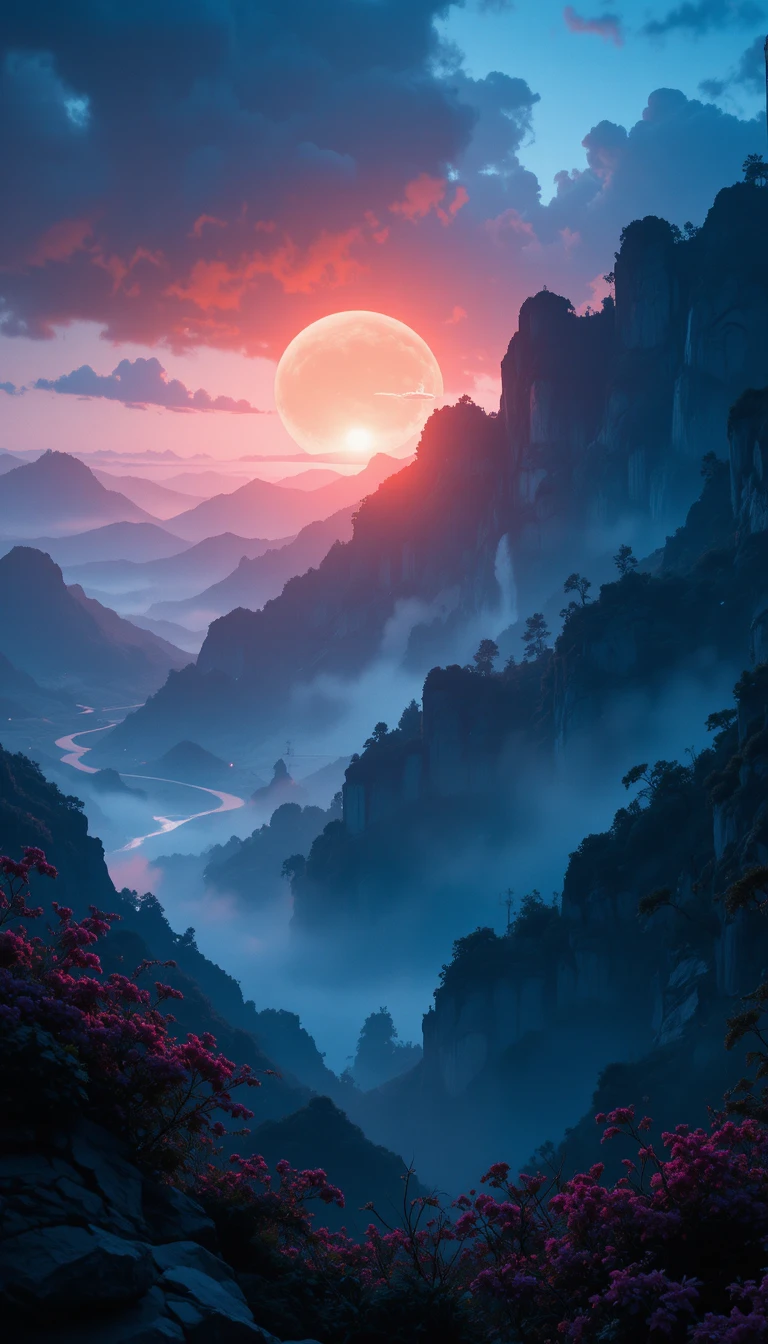Cinematic abstract scene with dramatic shadows at nightfall