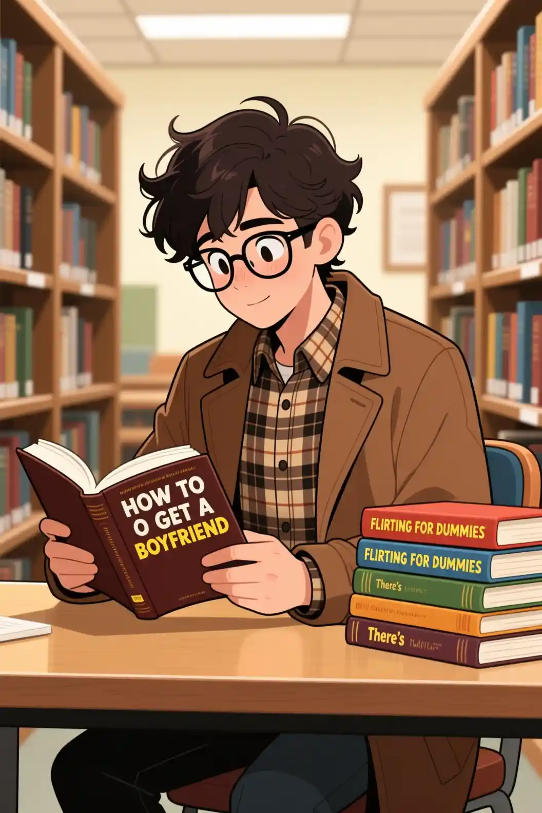 Young man reading dating books in a quiet library
