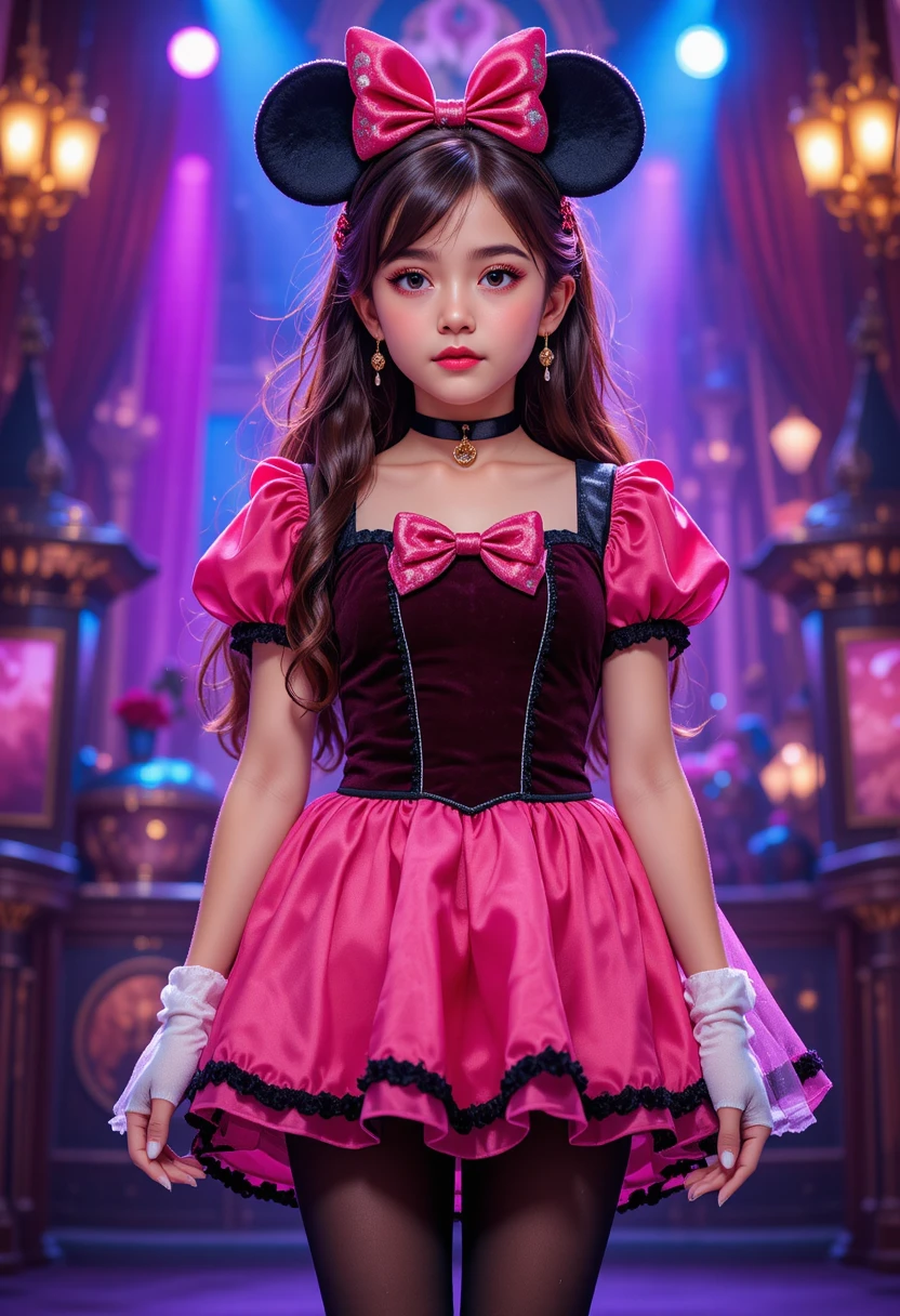 Chico preadolescente nervioso con vestido rosa de Minnie en el escenario