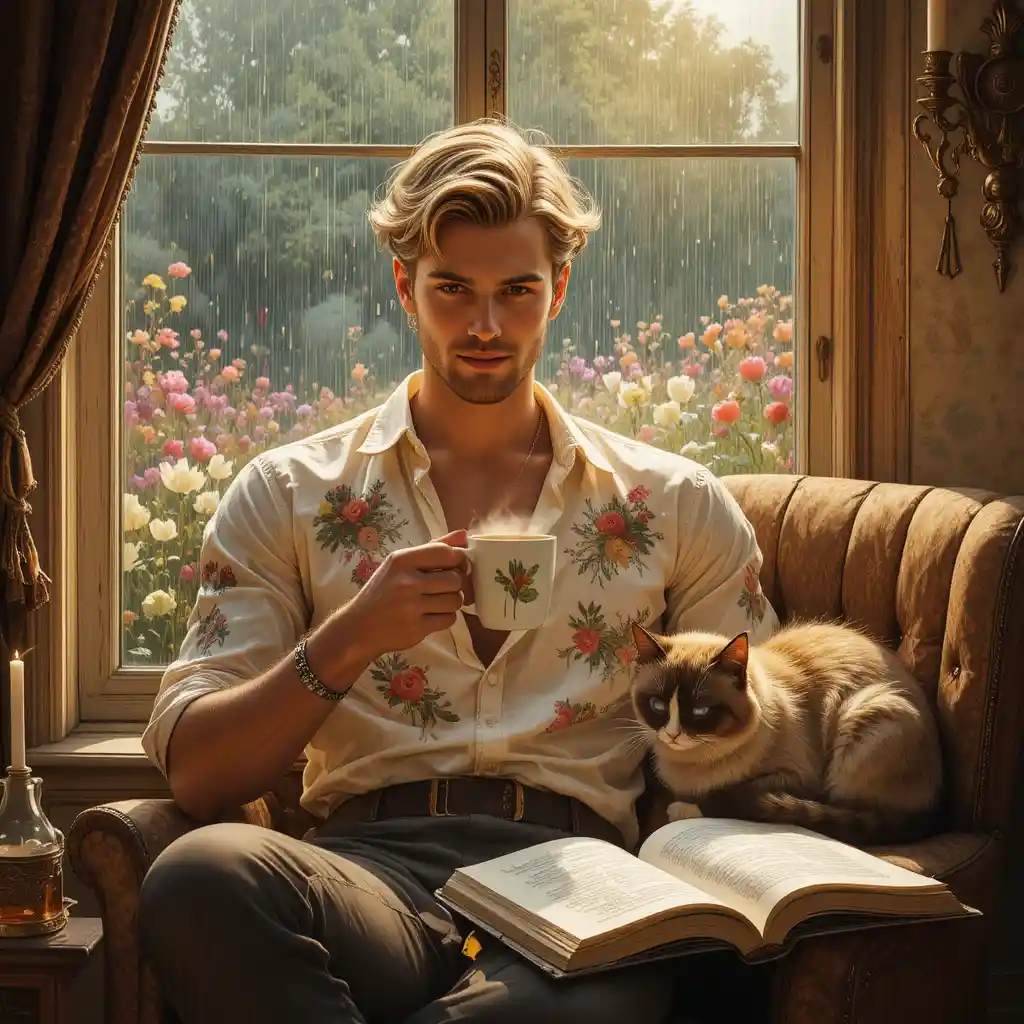 Young prince relaxing with hot drink by the window