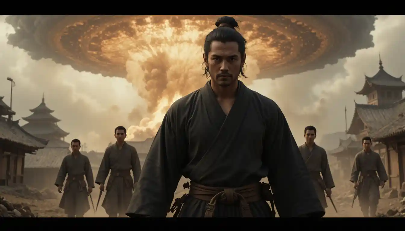 Lone martial artist walks through a ruined post apocalyptic world
