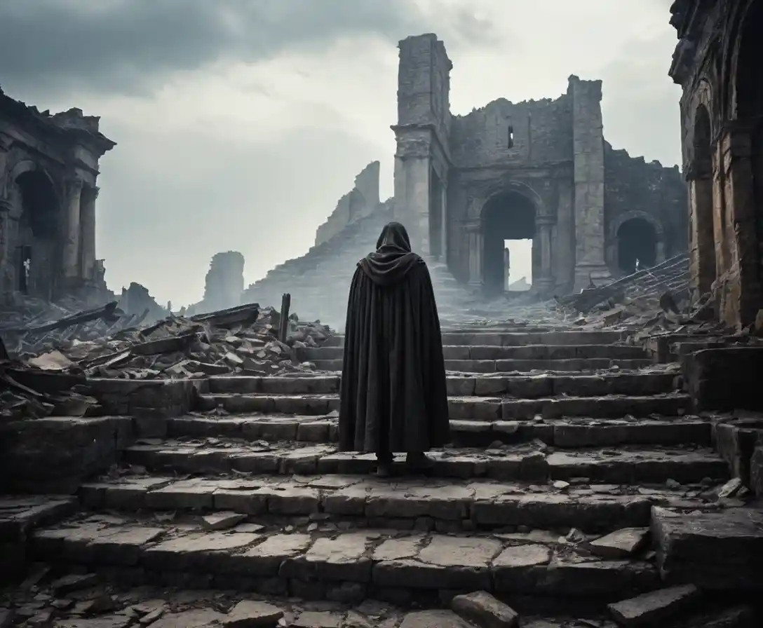 Lone cloaked man on ruined stone steps before ancient ruins