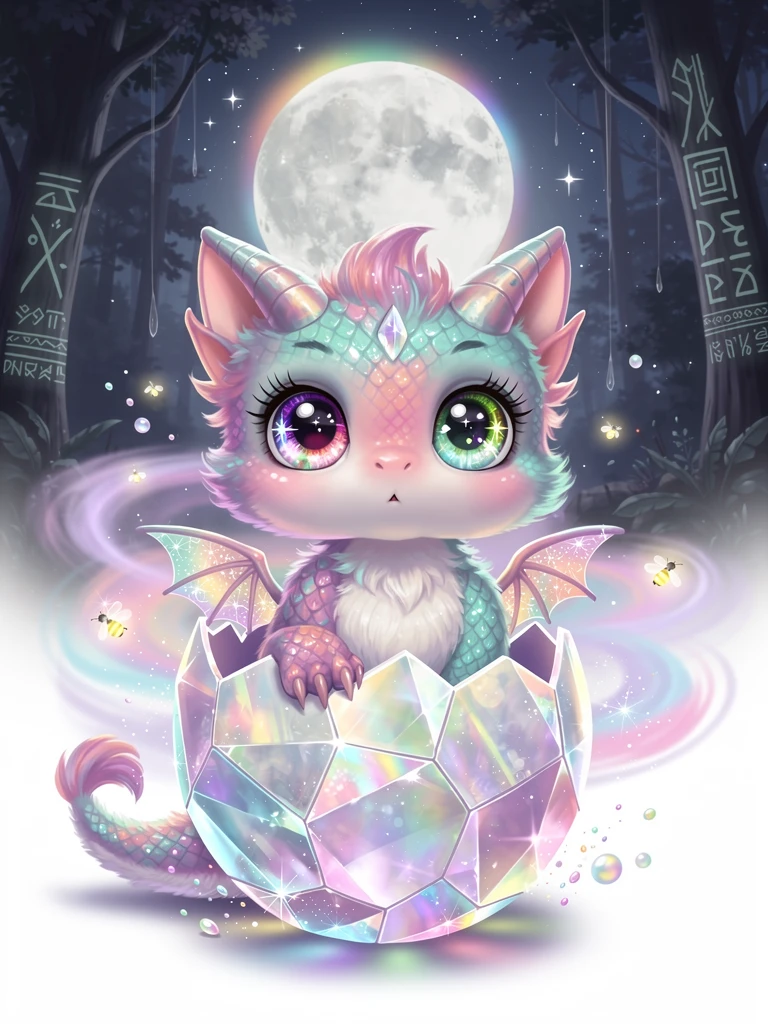 Adorable bebé dragón en un huevo de cristal brillante