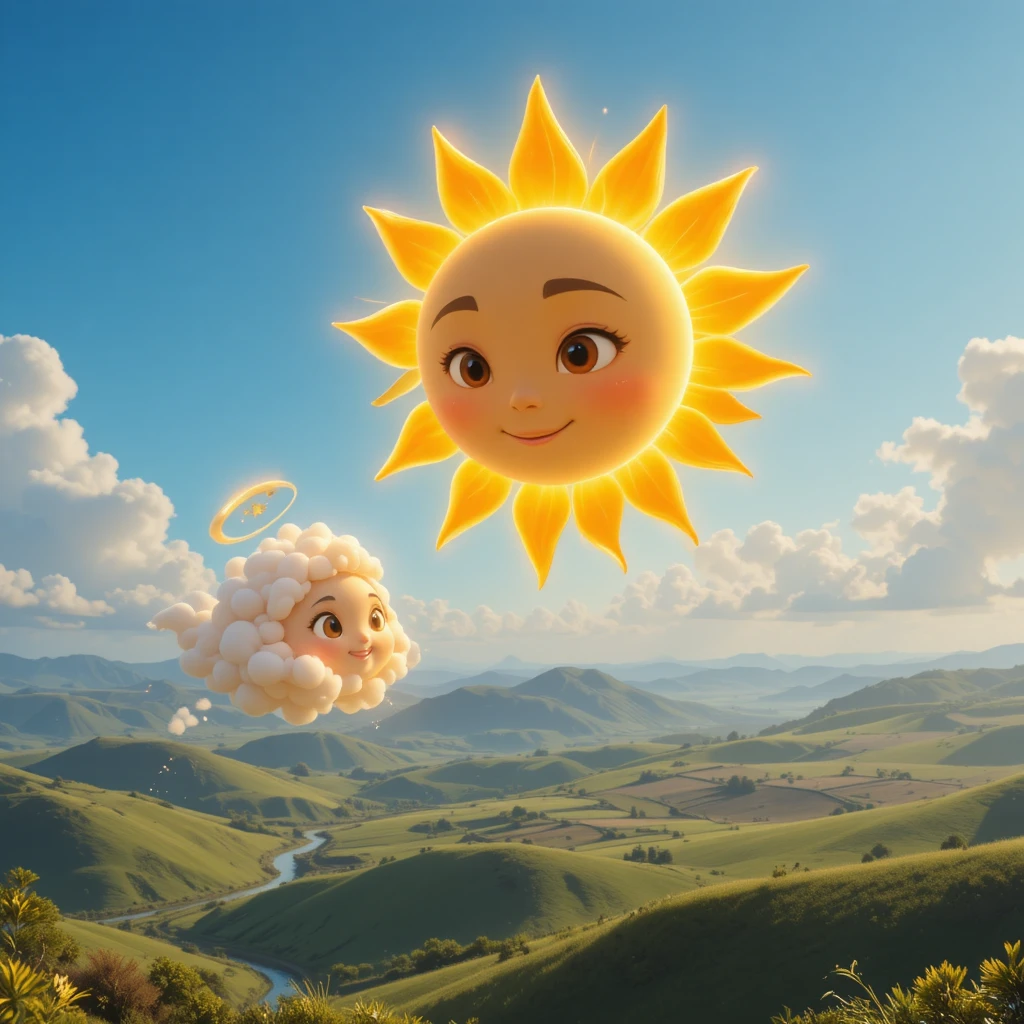 Sole radioso che fluttua sopra dolci colline verdi