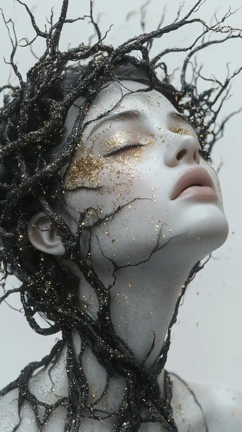Surreal woman in profile crowned with branches and gold