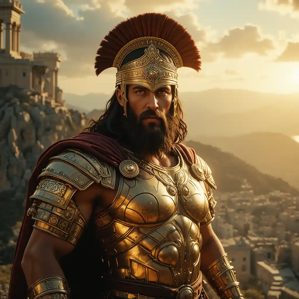 Regal warrior in golden armor on sunlit Greek cliff