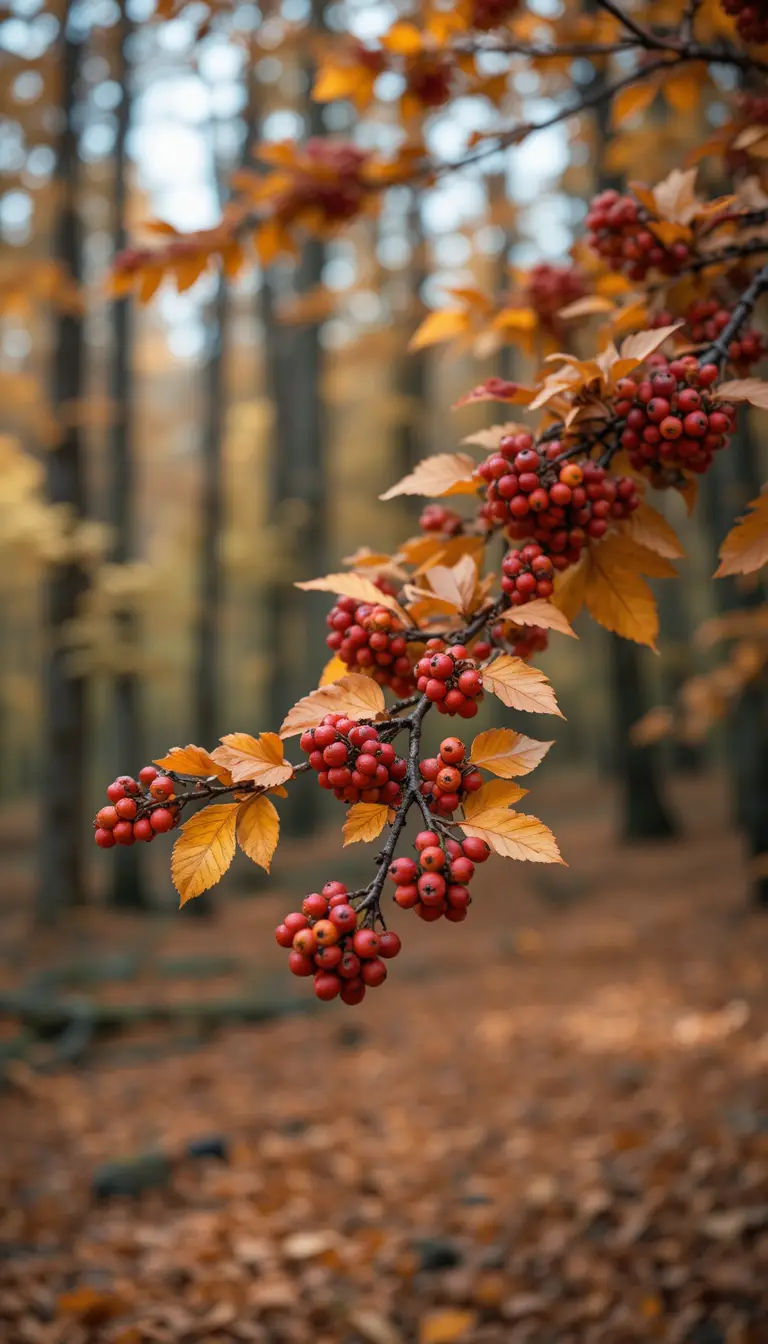 Autumn tree branch with red berries and yellow leaves