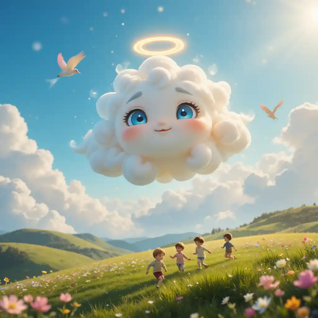 Magical cloud creature drifting gently above green hills