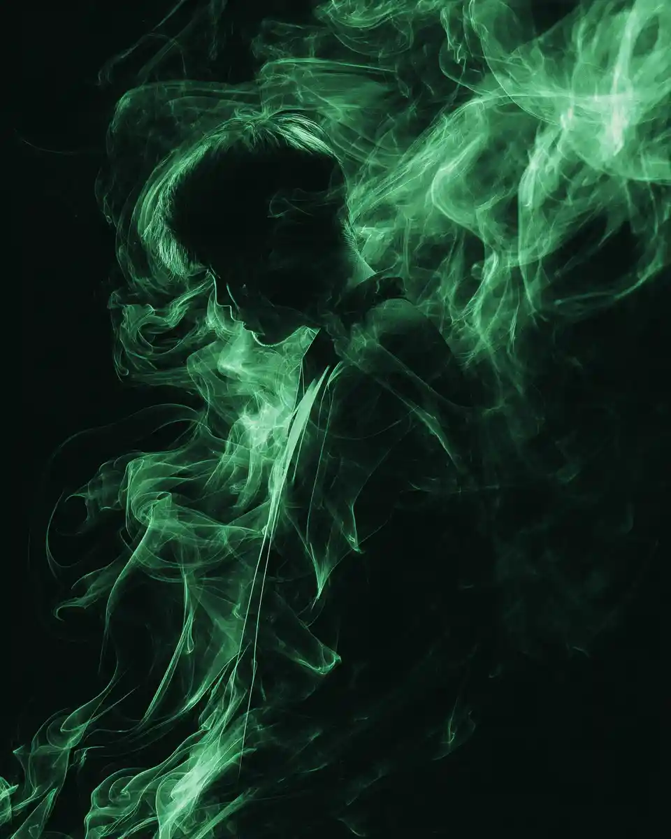 Swirling Green Smoke Street Art With Shadowy Urban Figure