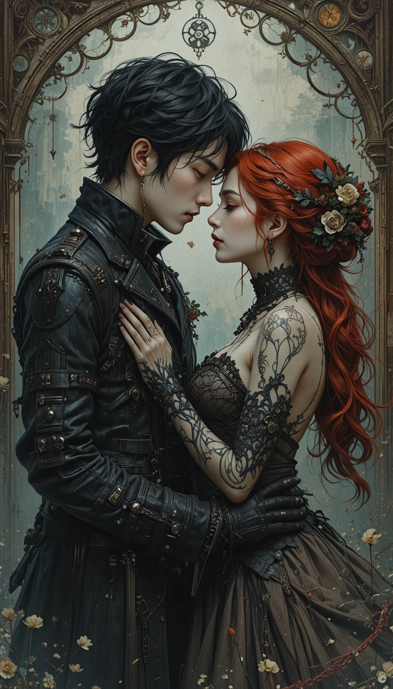 Donna goth romantica e uomo steampunk in città gotica