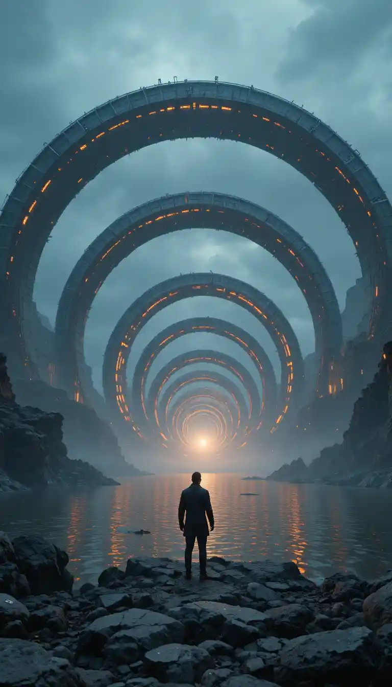 Lone figure facing colossal glowing sci fi ring structures