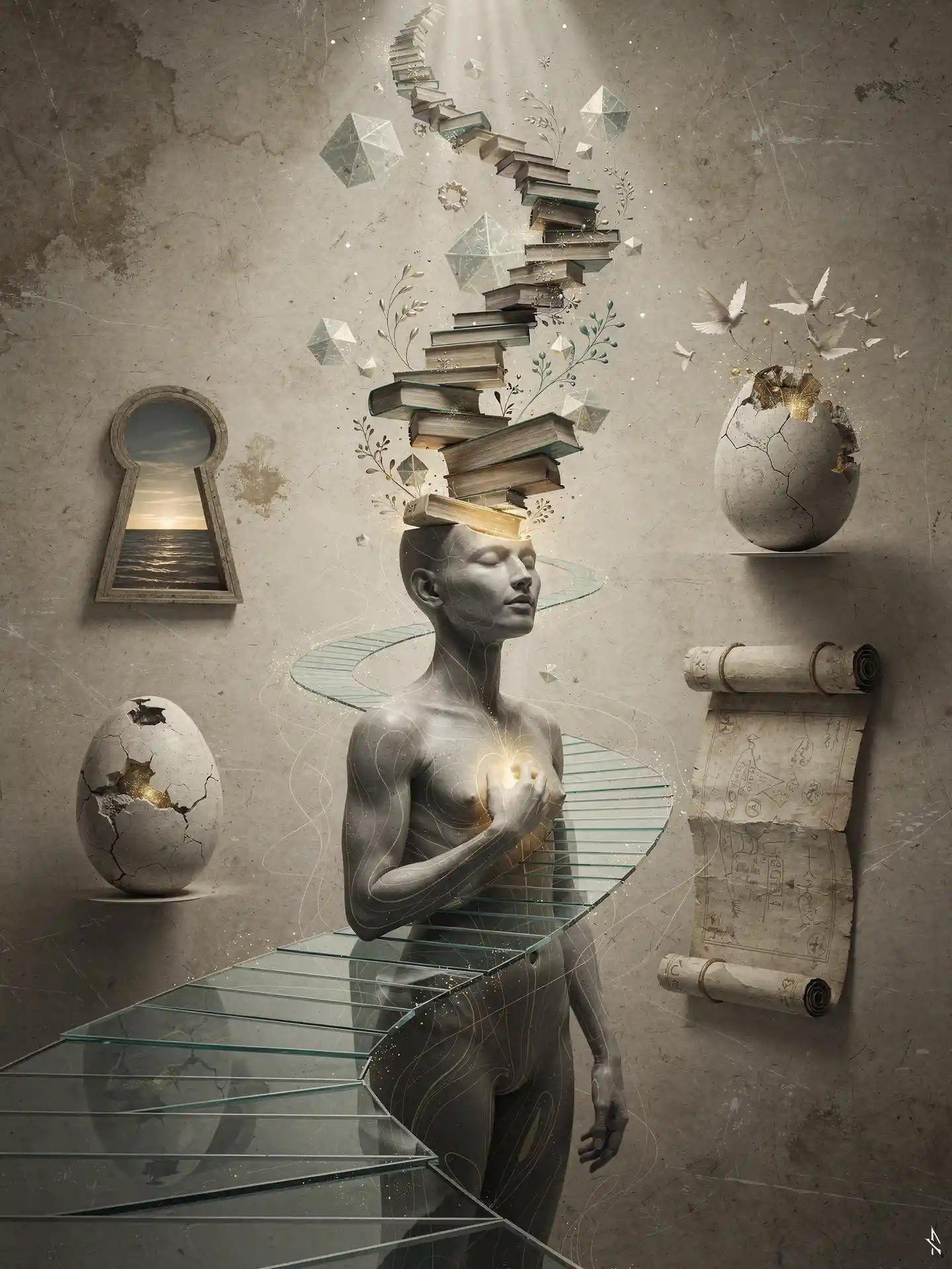 Symbolic digital artwork on a textured muted beige background