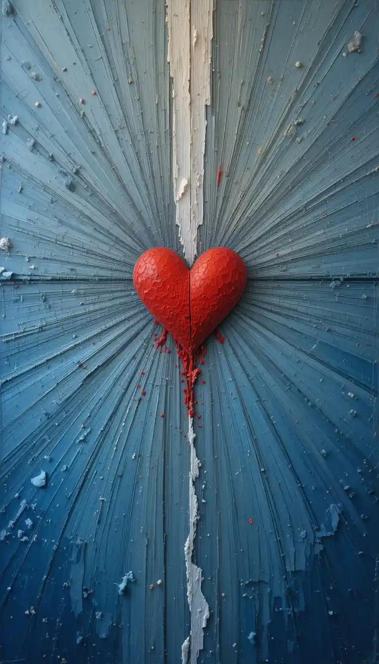 Abstract red heart like form on textured cool background