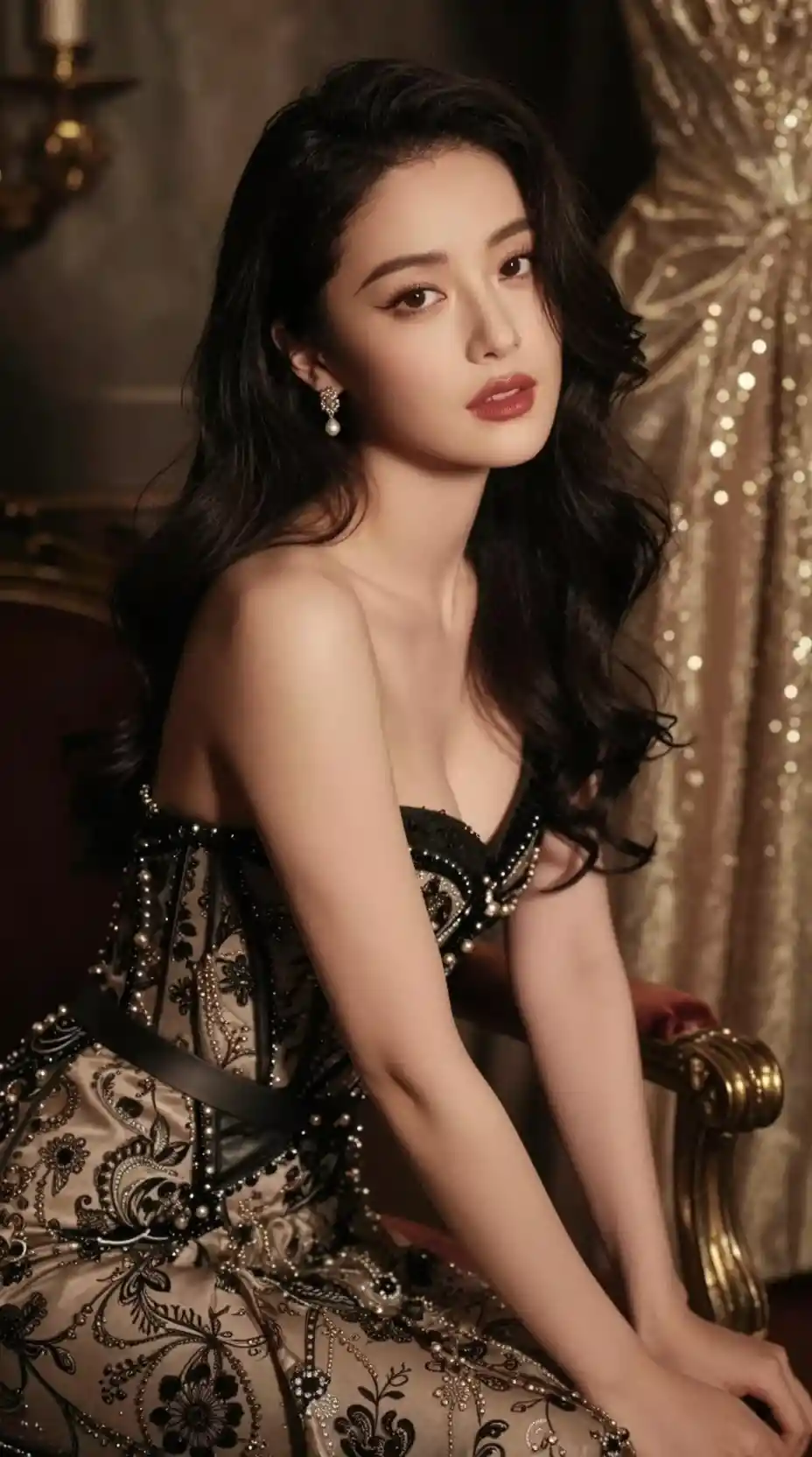 Mujer elegante en retrato con lujoso vestuario y mirada de perfil