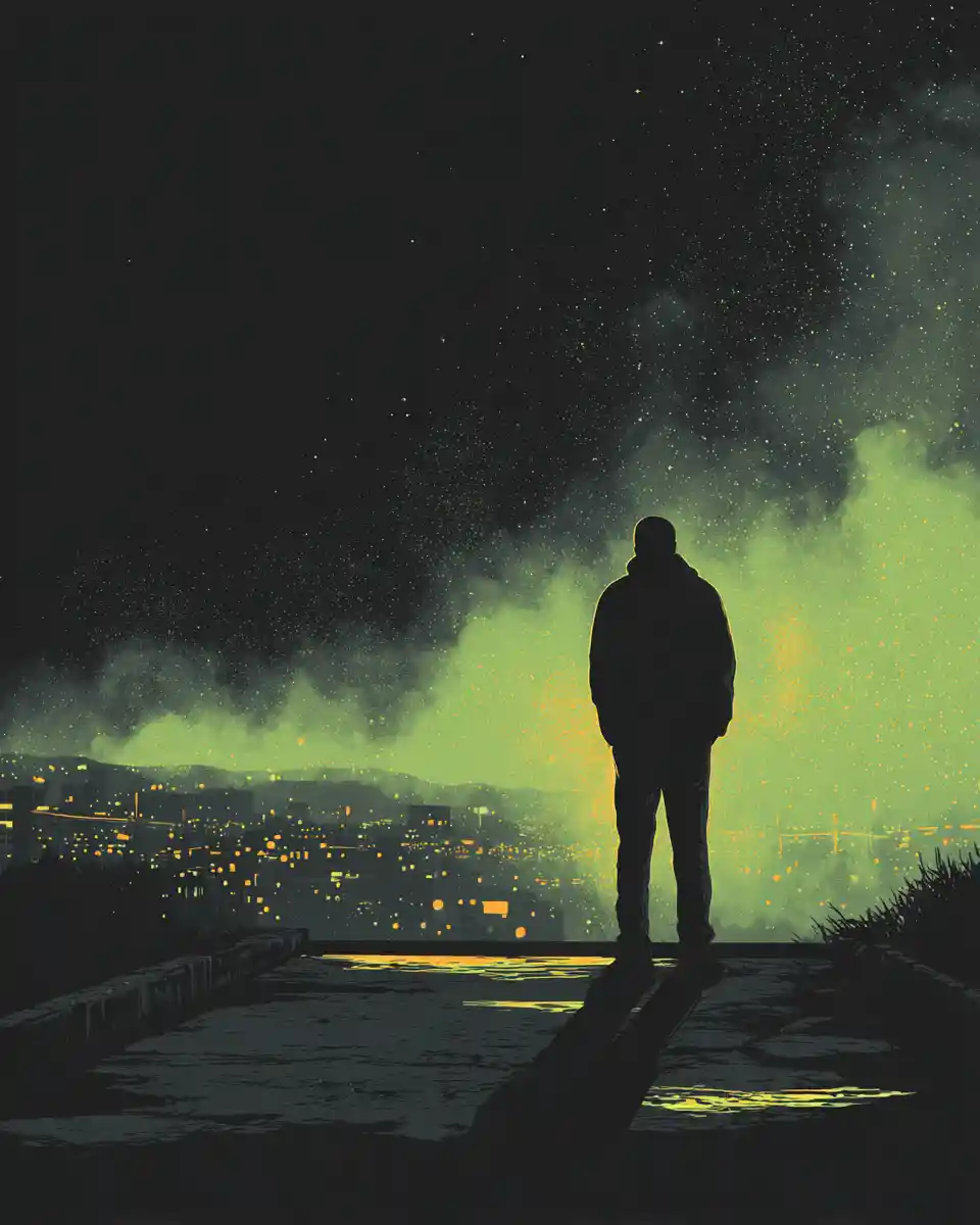 Lone figure in streetwear against fading city night lights