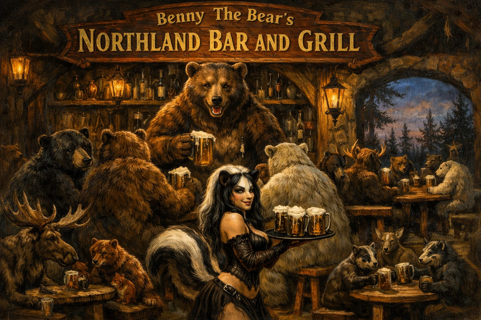 Fantasy bear bartenders in a rustic forest tavern