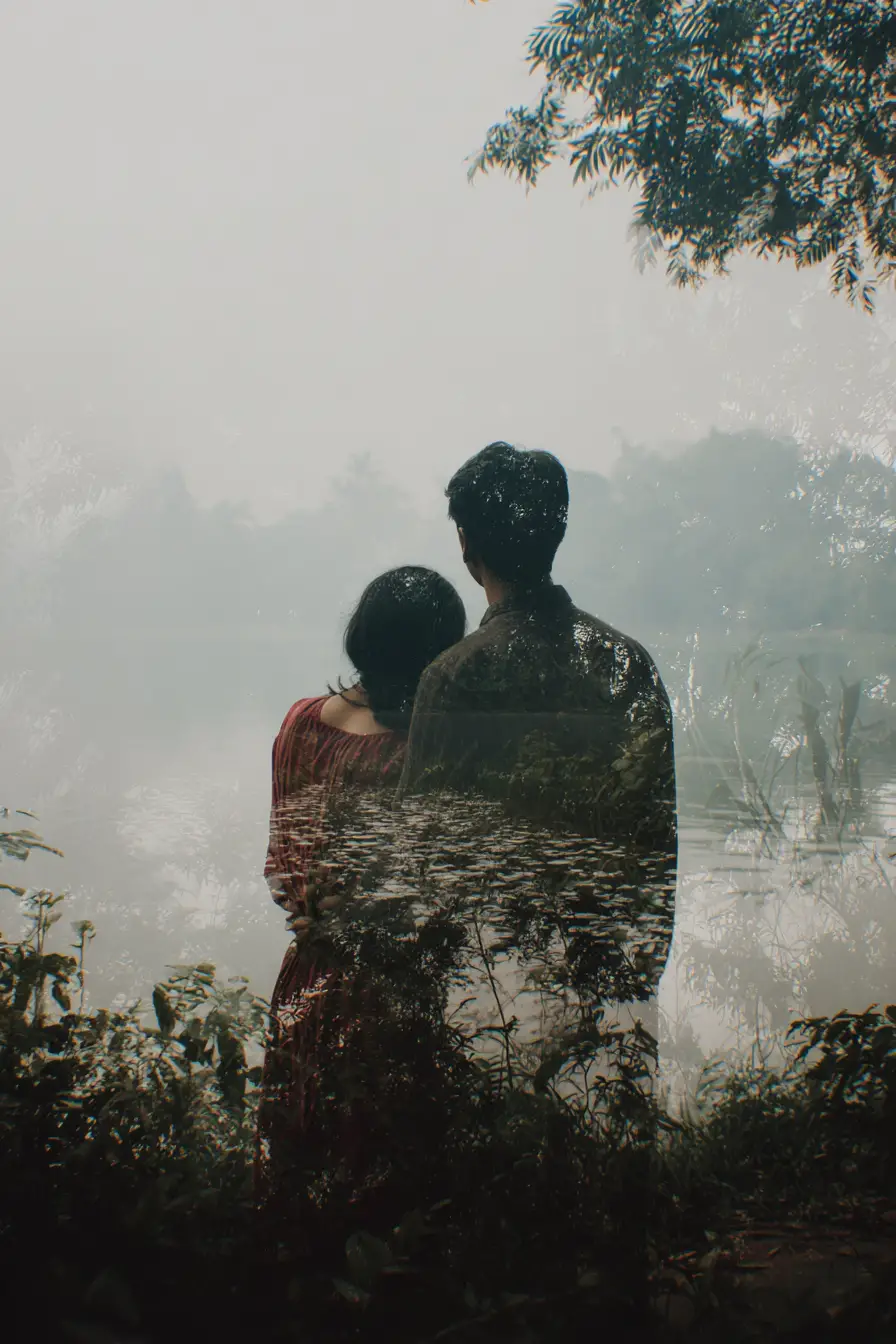 Surreal broken heartscape in cinematic double exposure