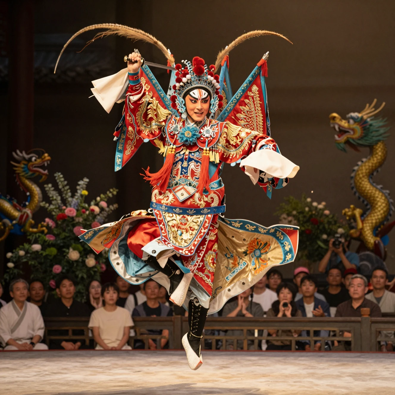 Joven saltando en el escenario con traje de ópera china