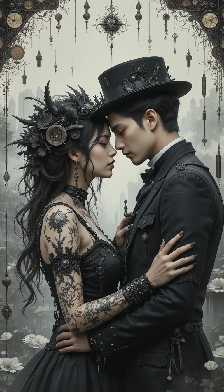 Romantic goth woman and steampunk man in gothic city