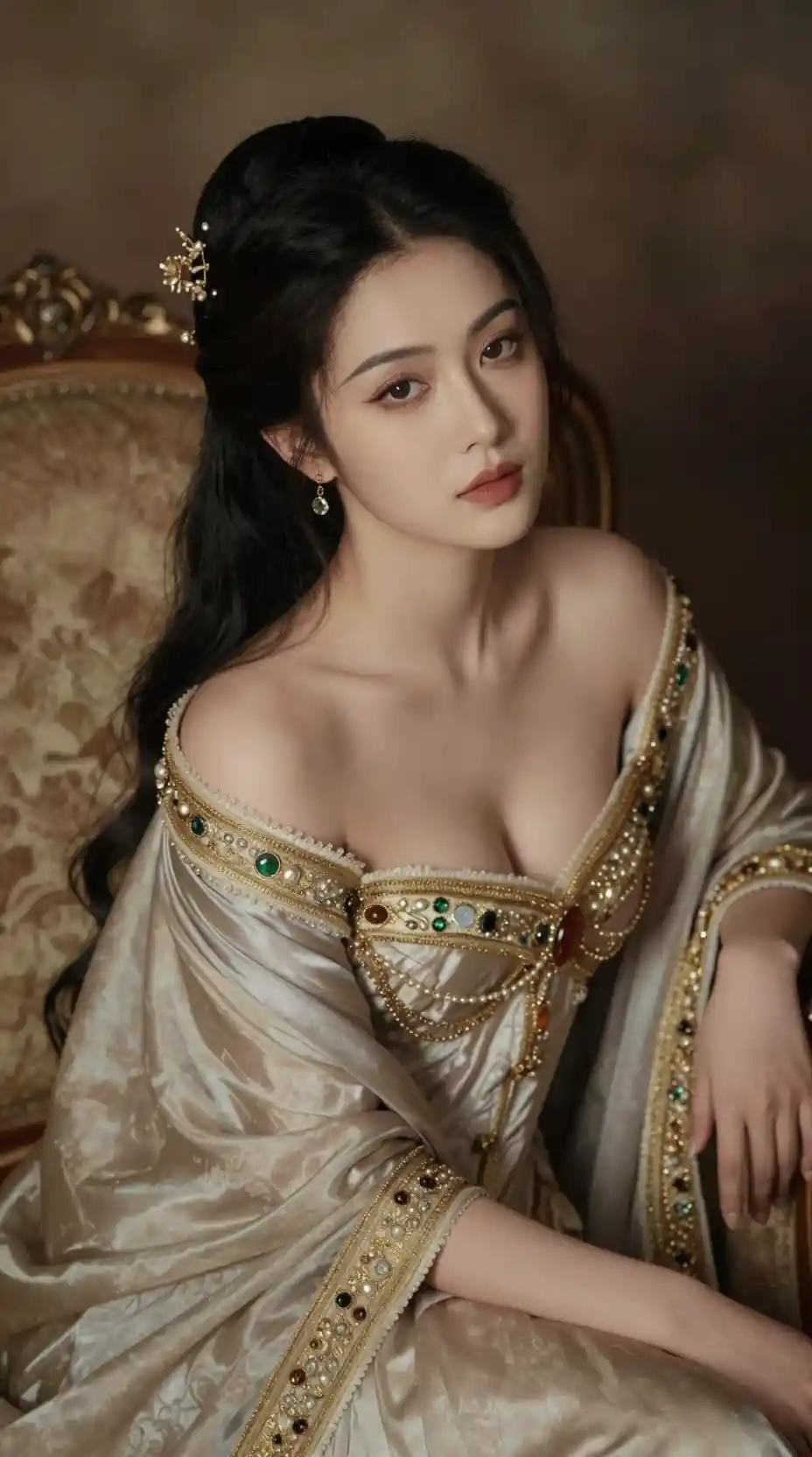 Elegant woman in lavish historical portrait painting