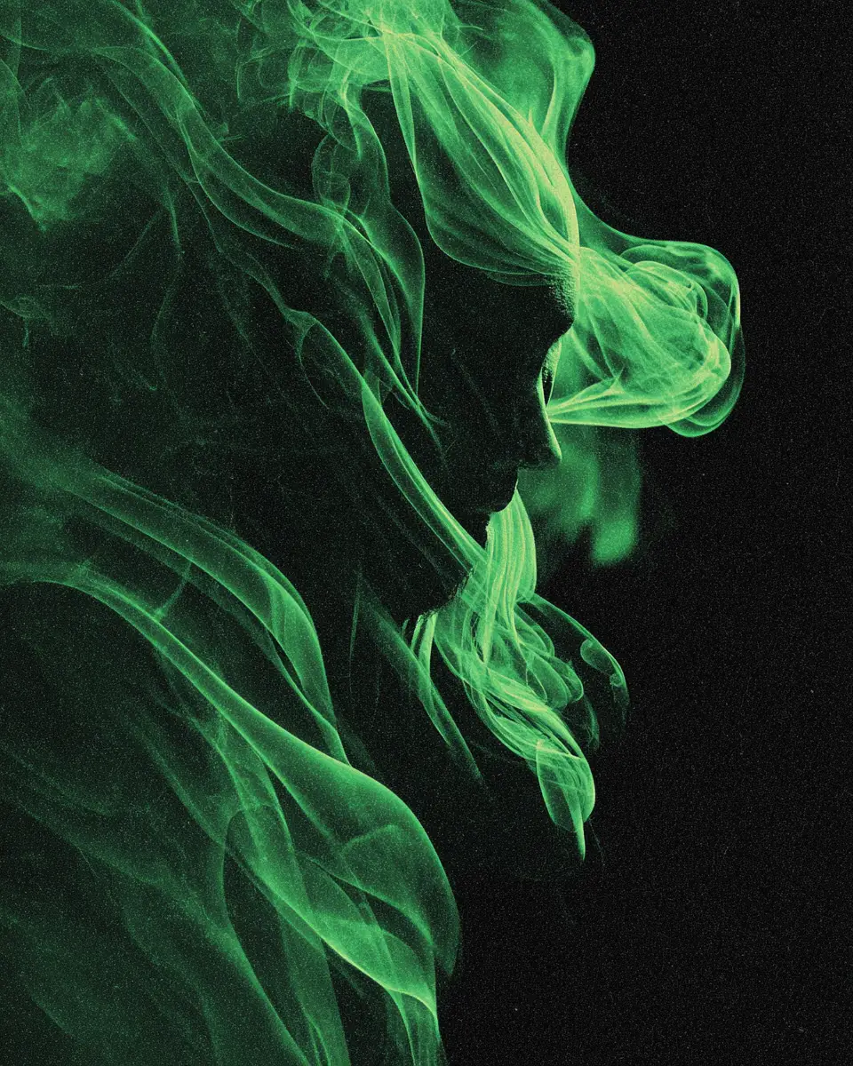 Green smoke waves with a hidden urban figure silhouette