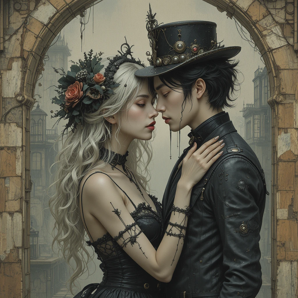 Coppia gotica romantica in una surreale scena fantasy steampunk