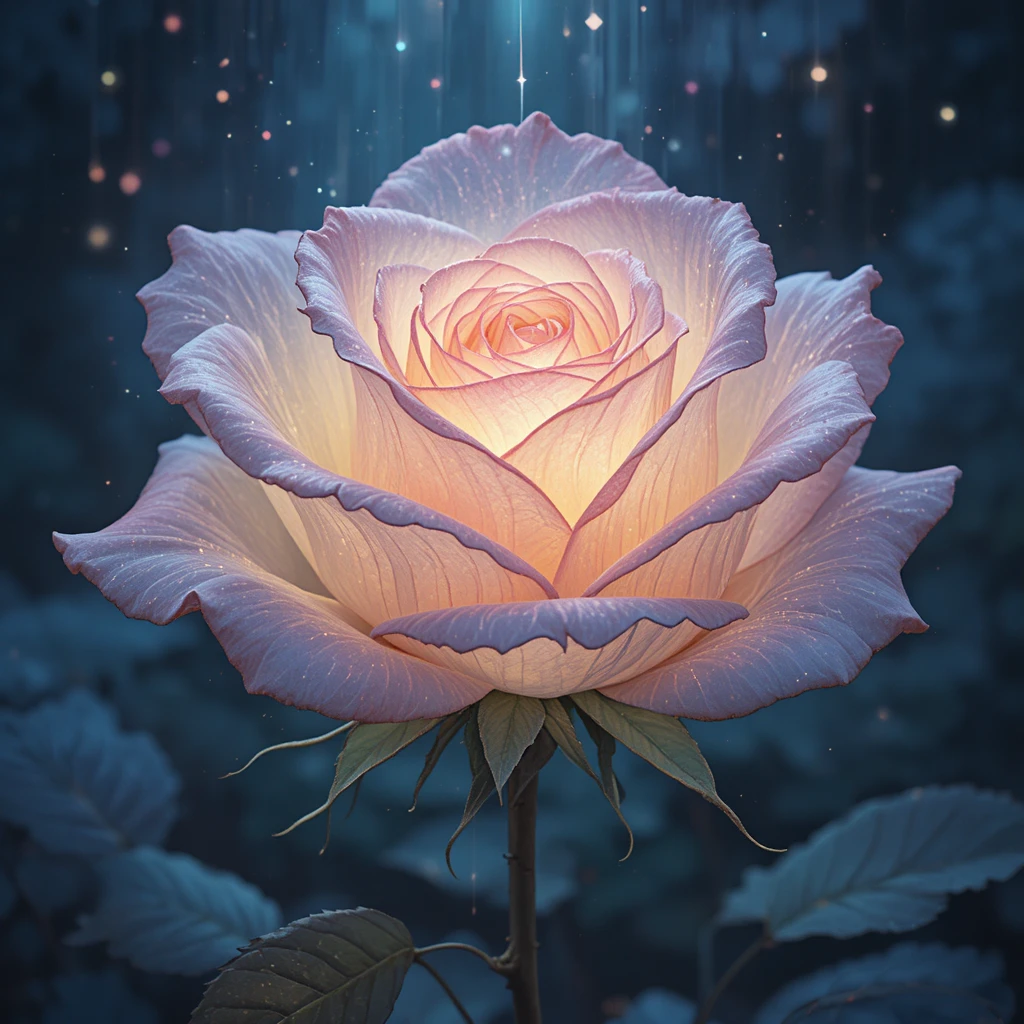 Glowing Magical Rose In Soft Dreamy Night Illustration
