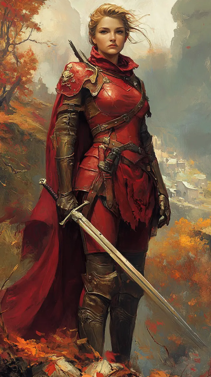 Guerriera in armatura rossa in un paesaggio medievale