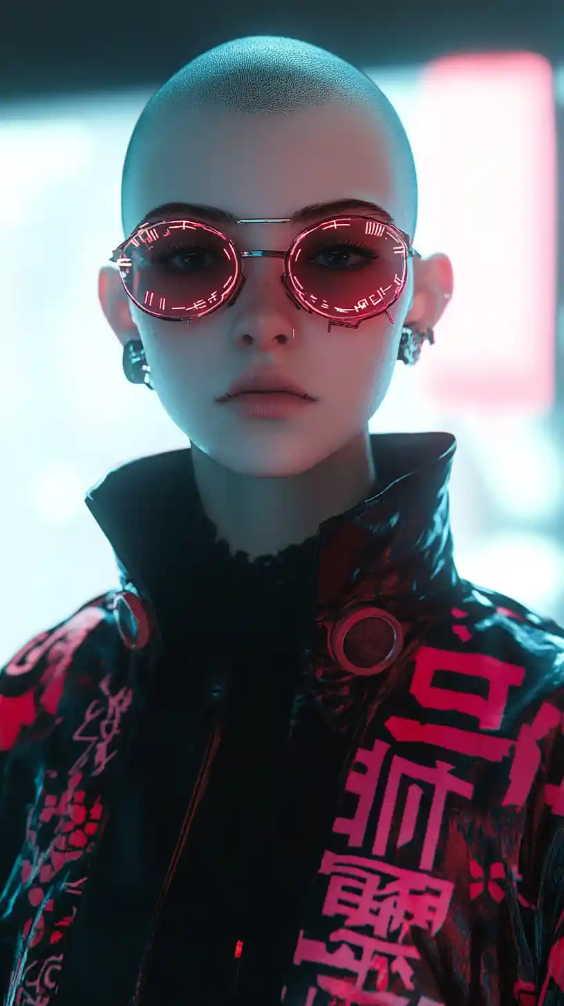 Androgynous cyberpunk hacker portrait with bold neon graphics