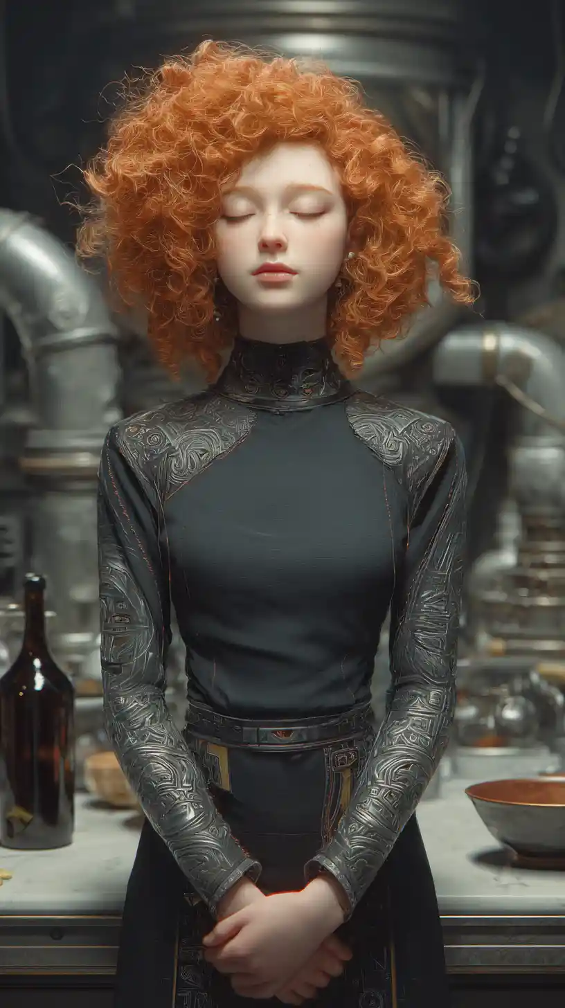 Rothaarige Anime-Frau in futuristischem Industrie-Interior