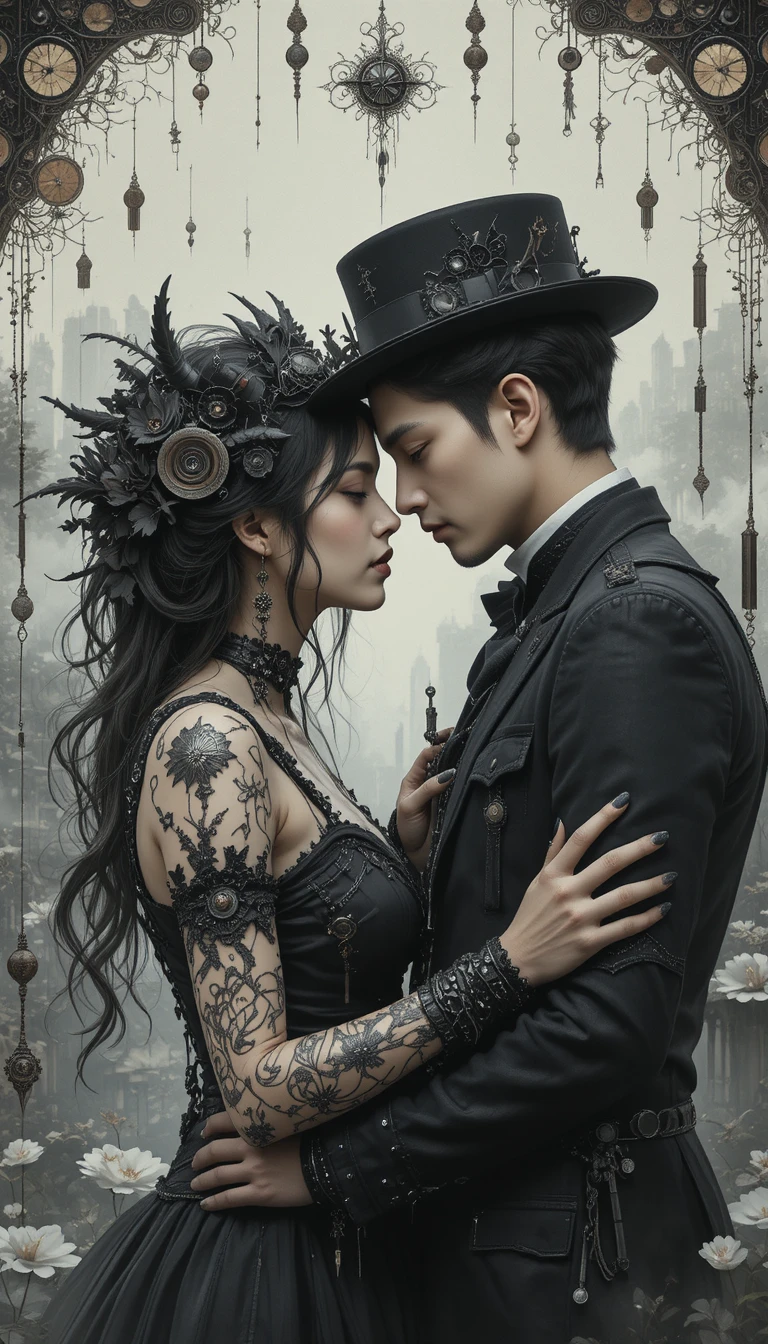 Mulher gótica romântica e homem steampunk em cidade gótica