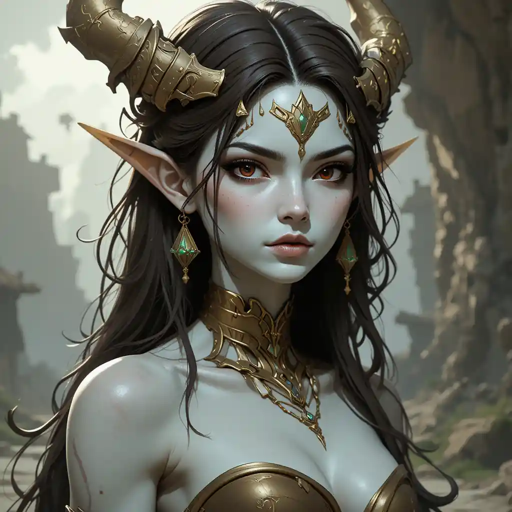 Mujer divina de fantasía con piel marfil pálida y cabello oscuro