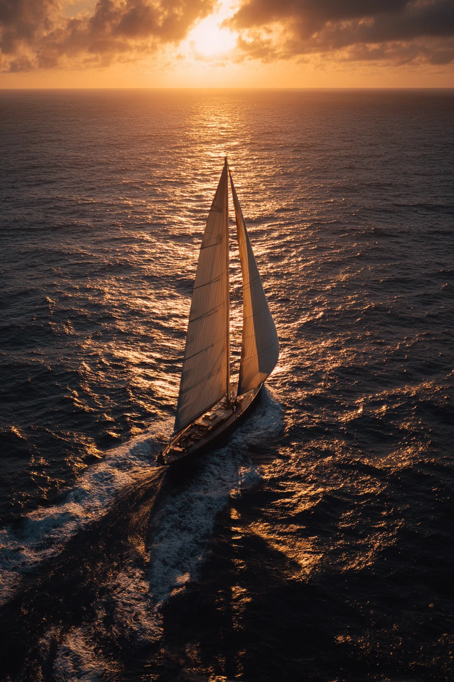 Large wooden ketch sailing dramatically on open ocean at dusk