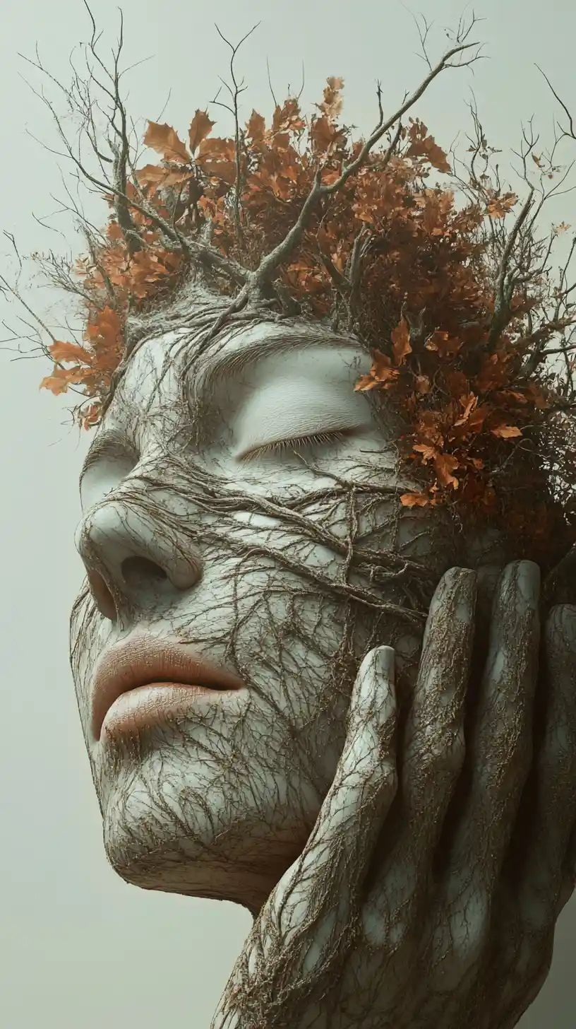 Surreal female face merging with forest landscape and clouds